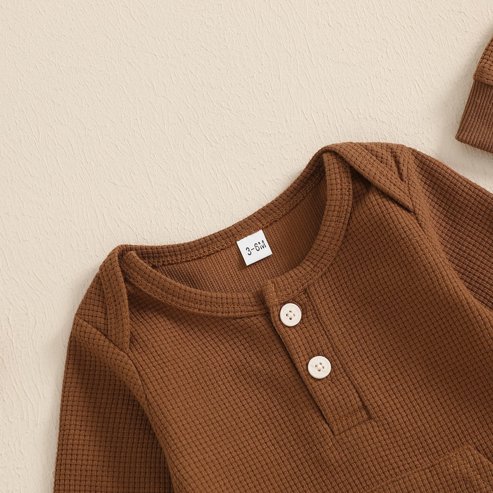 Kuriozud Newborn Infant Unisex Baby Boy Girl Clothes Button Romper Jumpsuit Basic One Piece Outfits Long Sleeve with Hat Brown, 6-9 Months