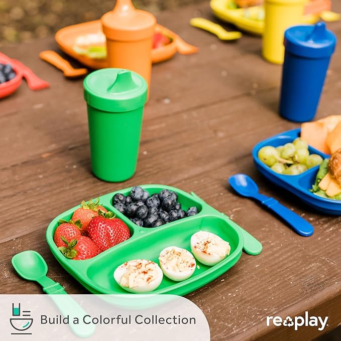 Re-Play Divided Toddler Plates with Deep Sides and Three Compartments for Easy Self Feeding | BPA Free | Dishwasher Safe | Modern Pink
