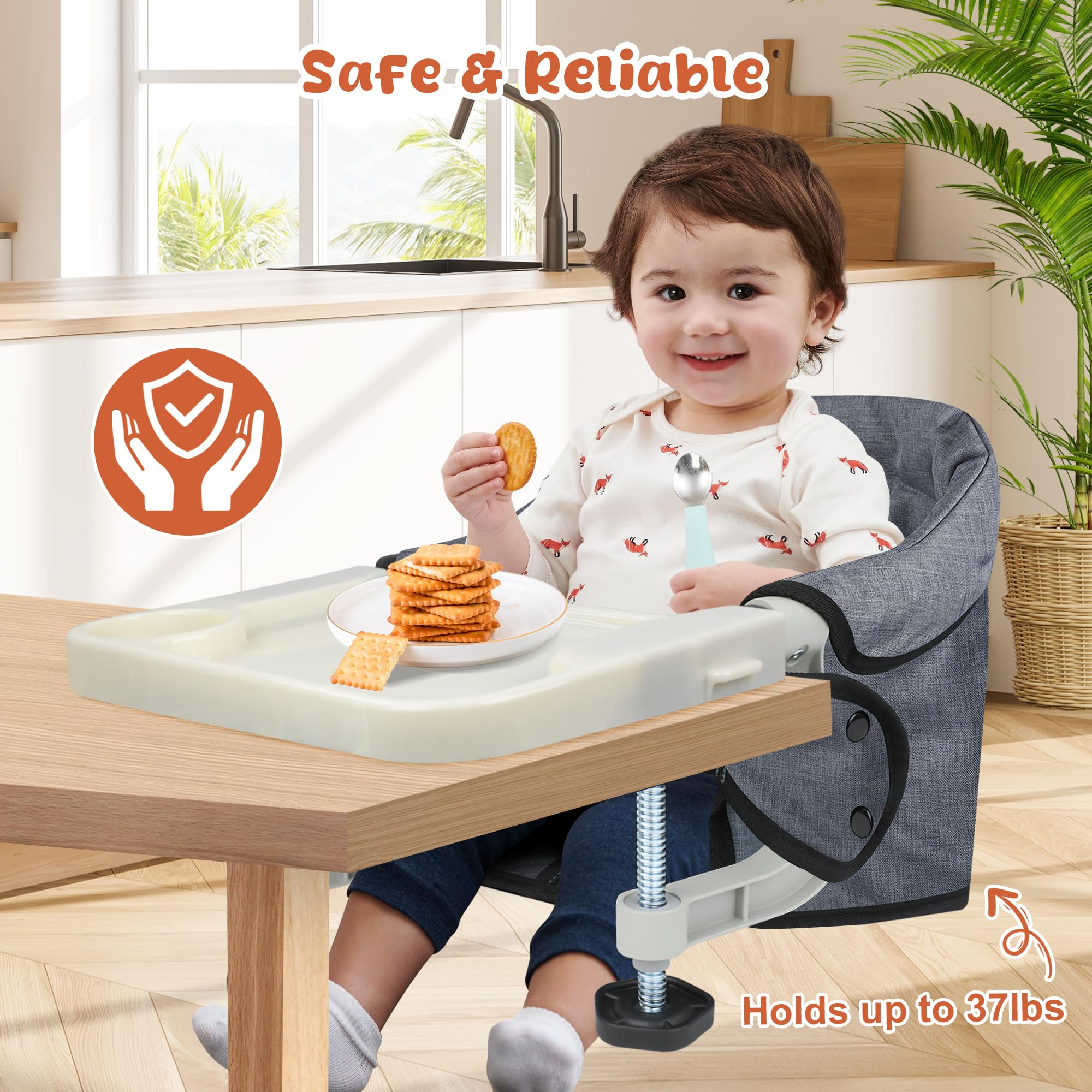 JOZZVE Hook On High Chair with Tray, Clip-On Feeding Seat, Grey
