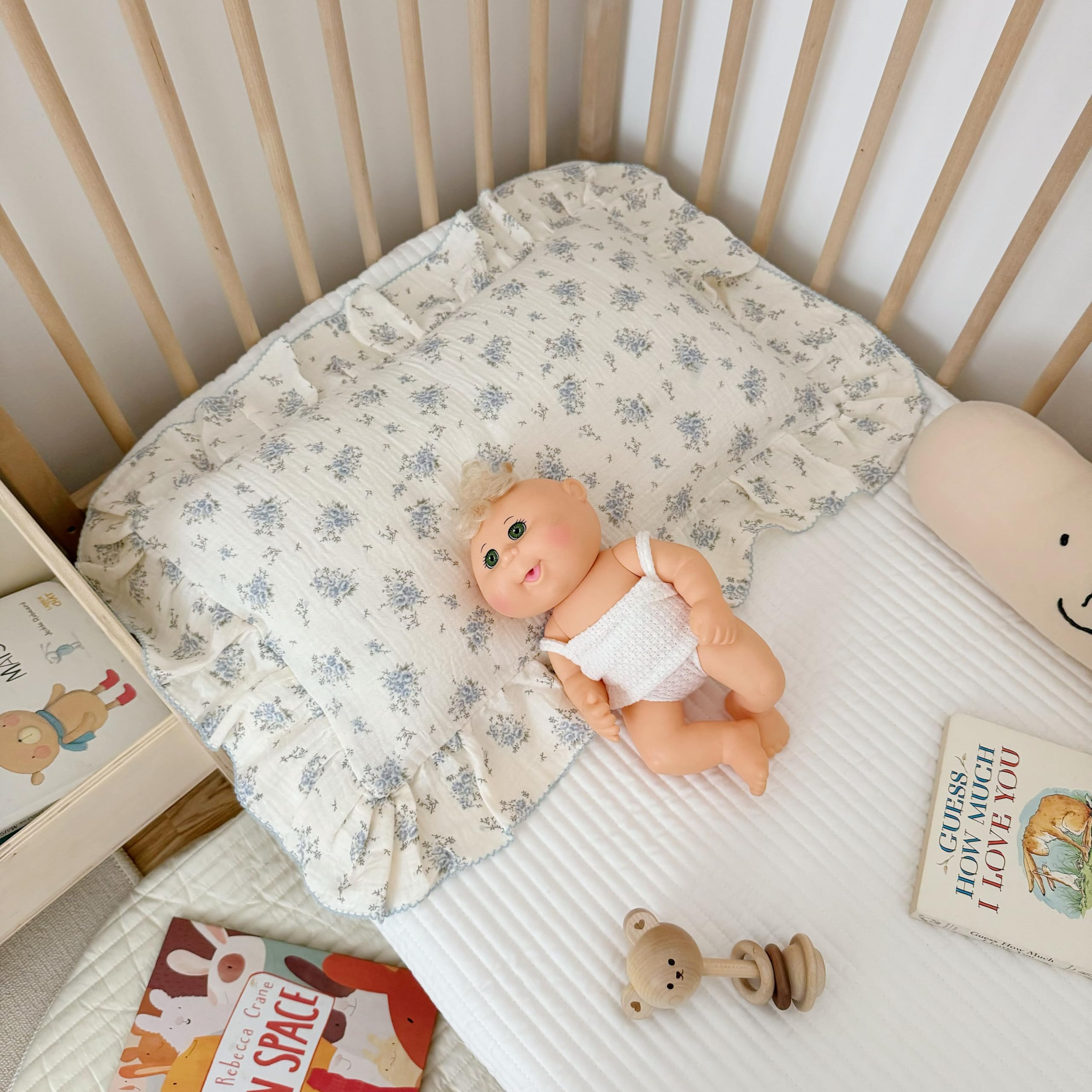 BuLuTu Muslin Cotton Kids Pillowcases for Girls Boys Shabby Chic Blue Floral Print Pillow Case Beige Toddler Pillowcases Standard Size Pillow Cover with Ruffles, 20"x26", 1 pc