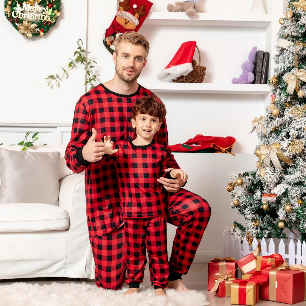 Schbbbta Mens Pajamas Set Plaid Button Down Flannel Long Sleeve Sleepwear Pjs, Black Red Plaid, US XXL