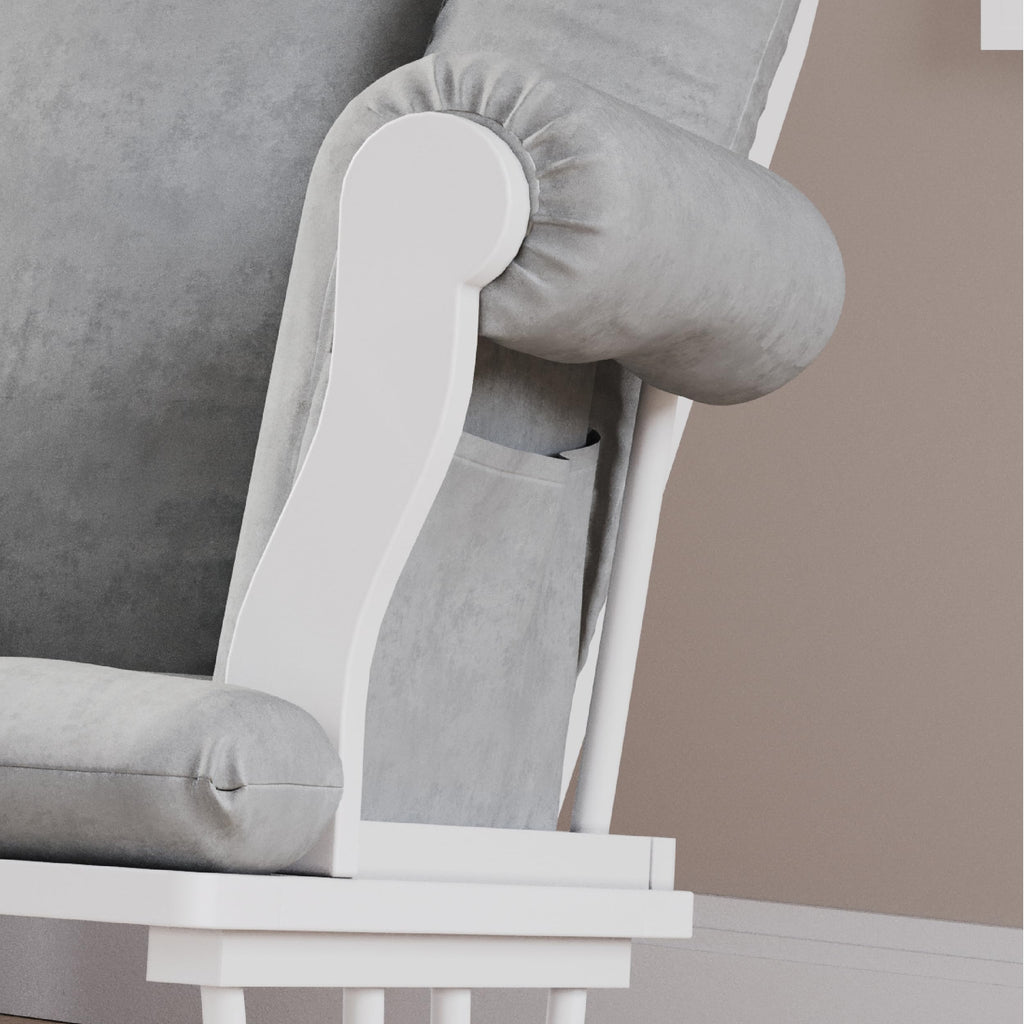 Child Craft Cozy Glider Rocker and Ottoman Set, Smooth Quiet Gliding Motion, Padded Cushion with Convenient Storage Pockets, Solid Wood Base & Frame (Matte White with Light Gray Cushion)