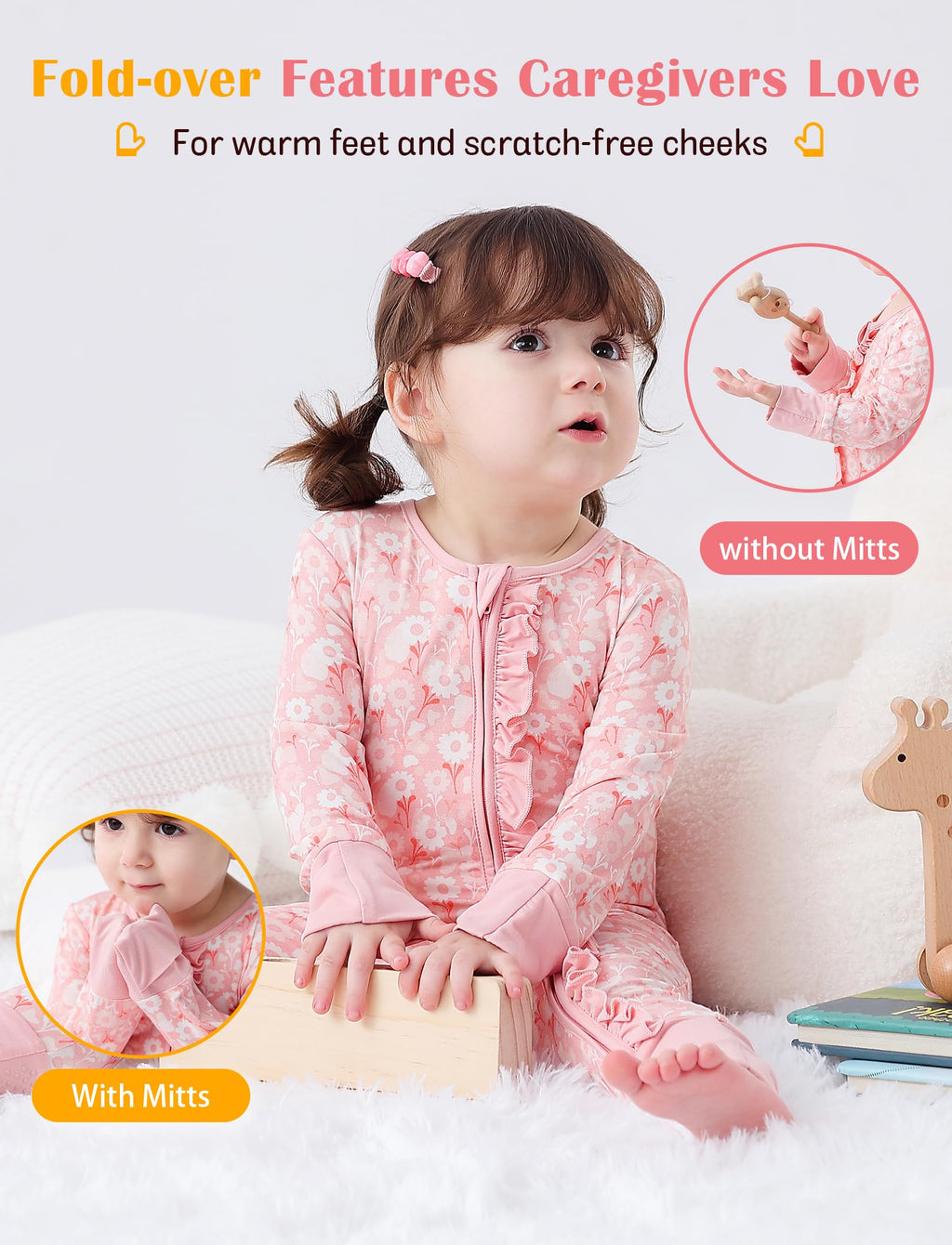 JunNeng Baby Girl Viscose from Bamboo Sleeper Pajamas with Mitten Cuffs 12-18M