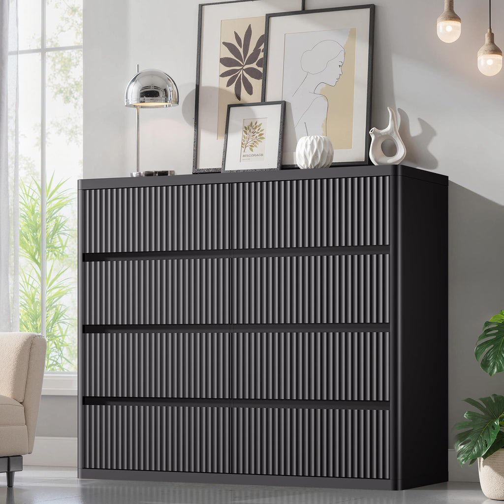 Standifurno Black Dresser for Bedroom, 8 Drawers Double Fluted Dressers, Modern Chest of Drawers with Curved Profile, Handleless, Storage Closet Dressers for Bedroom, Living Room, Entryways