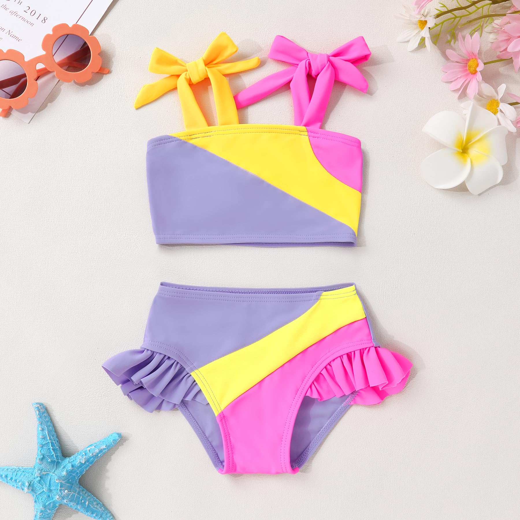 YOUNGER TREE Toddler Girls Two Pieces Swimsuit Color Block Stripe Swimwear Summer Beach Bathing Suit 18M-5T