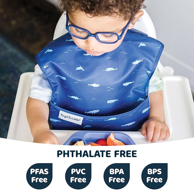 Tiny Twinkle Mess Proof Baby Bibs for Eating – Waterproof, Wipeable Toddler Bibs with Pocket – Baby Food Bibs for Girls & Boys(3 Pack,Ocean Life Set)