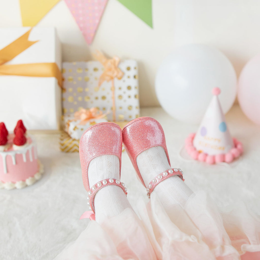 PHIRAMIN Baby Girls Glitter Pink Mary Jane Flats - Infant 18-24 Months Walking Shoes Soft Rubber Sole Princess Wedding