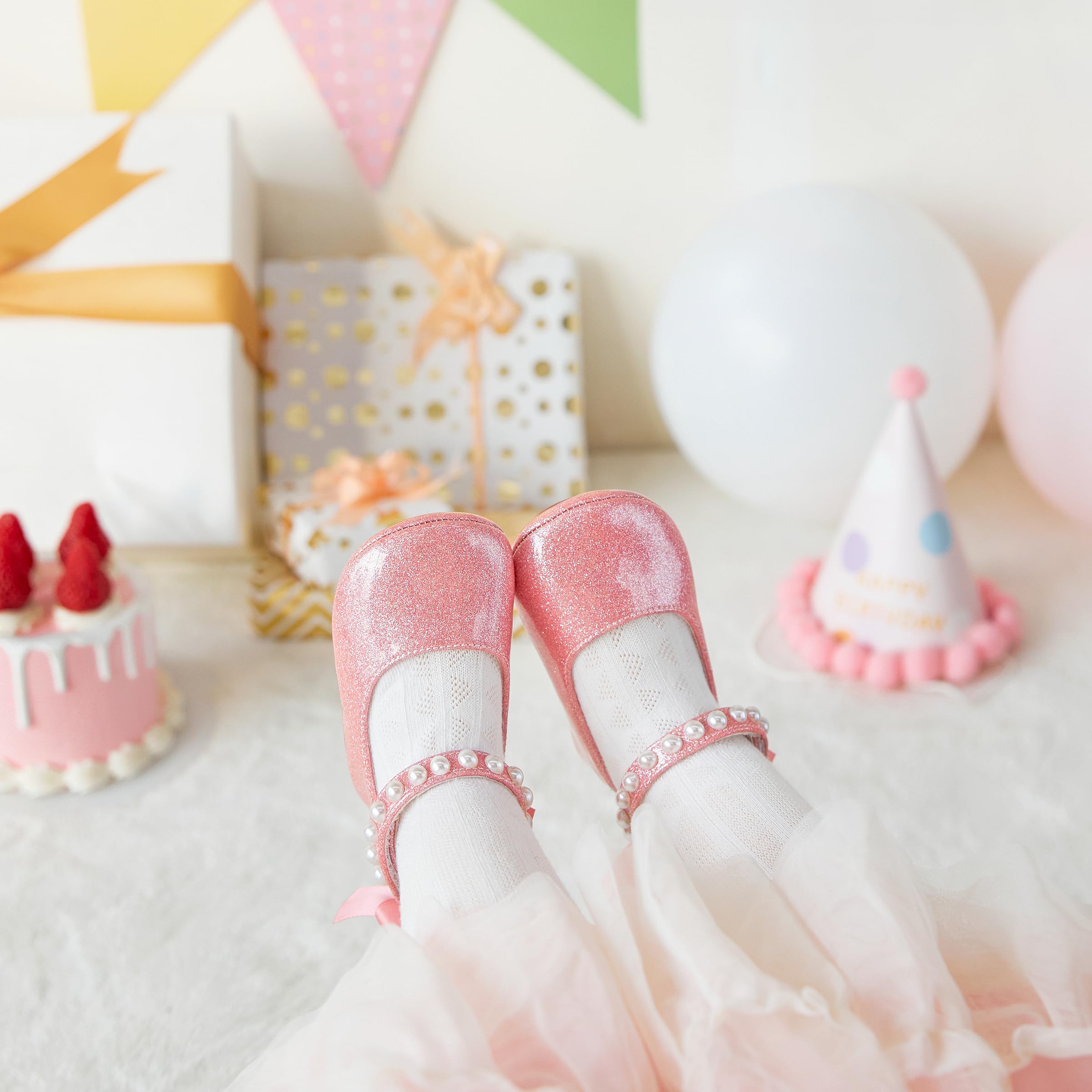 PHIRAMIN Baby Girls Glitter Pink Mary Jane Flats - Infant 18-24 Months Walking Shoes Soft Rubber Sole Princess Wedding