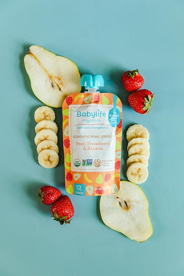 Babylife Organics Stage 2 - Pear, Strawberry & Banana, 3.5 Ounce Pouch (6 Pack) - Heavy Metal Safe, Organic Baby Food
