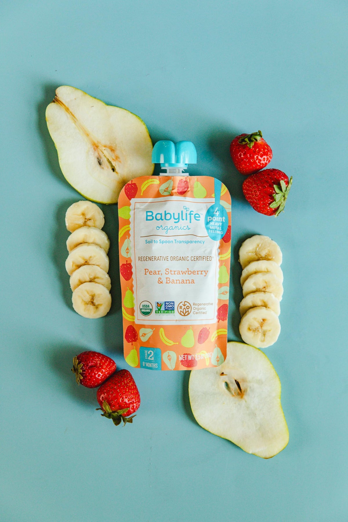 Babylife Organics Stage 2 - Pear, Strawberry & Banana, 3.5 Ounce Pouch (6 Pack) - Heavy Metal Safe, Organic Baby Food
