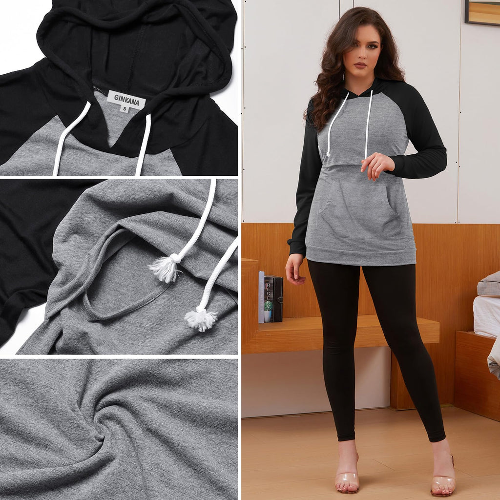 GINKANA Nursing Sweatshirt for Women Maternity Pullover Hoodie Long Sleeve Breastfeeding Top,Black+Gery with Black,S