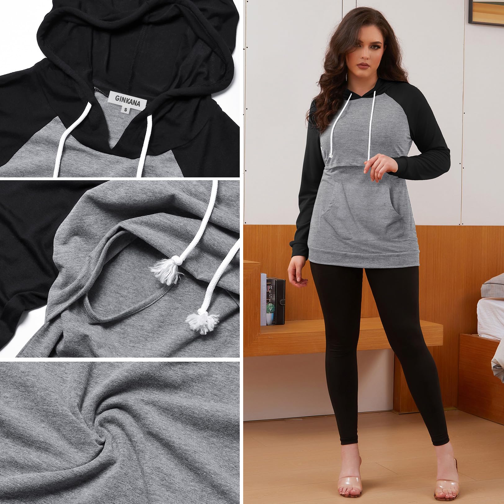 GINKANA Womens Nursing Hoodie Sweatshirt Maternity Pullover Long Sleeve Breastfeeding Top,Black/Burgundy Red White Stripe+Gery with Black,XXL