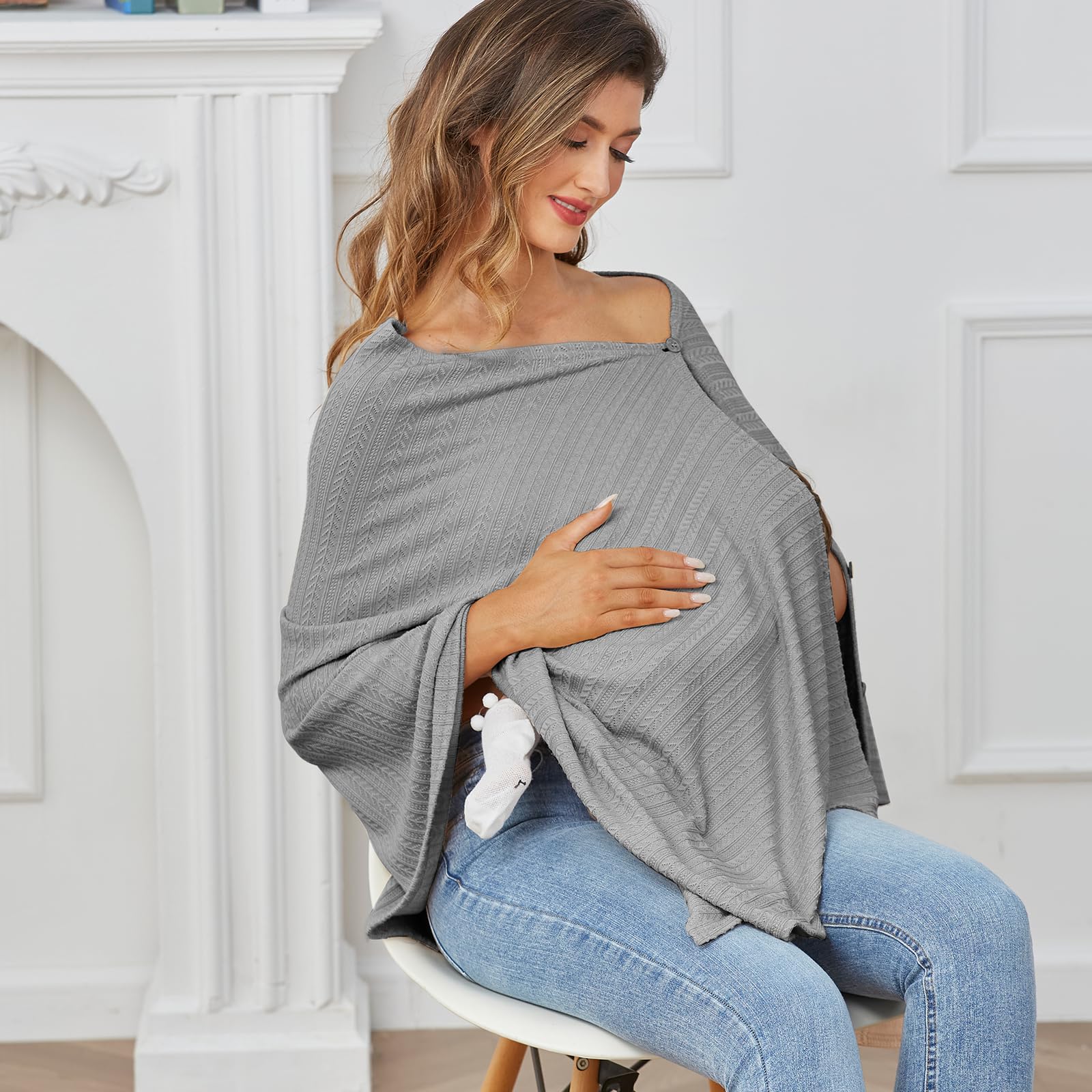 Nursing Cover for Baby Breastfeeding, Knit Breastfeeding Cover, Warm Cozy Swaddle, Breathable and Soft, Wide Neck with Stretch for Easy View (Grey)