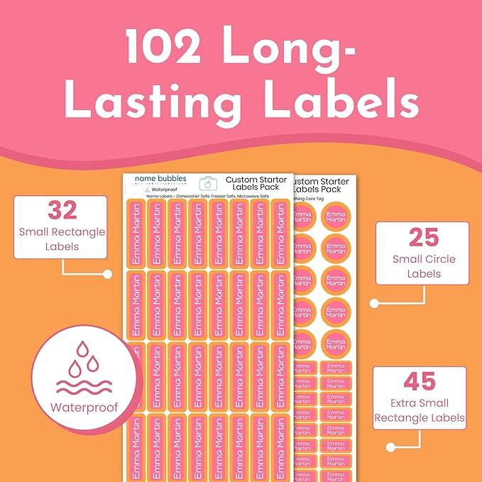 Name Bubbles - Basic Daycare Name Stickers for Kids (102 ct) - Personalized Waterproof Name Labels for School Supplies, Clothing Tags, Baby Bottles, All Ages - Washable Stick-On Labels (Color Combos)