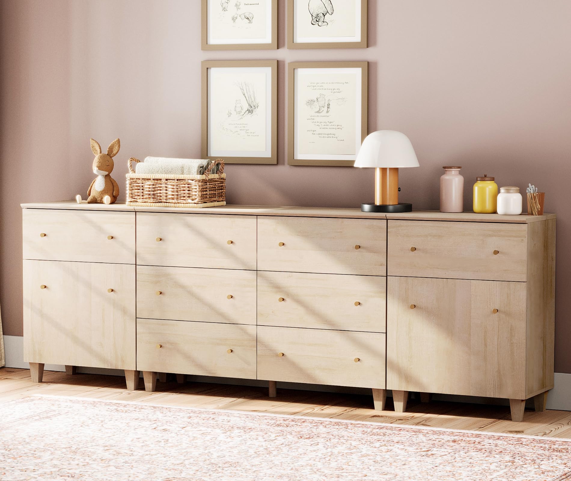 WAMPAT 8 Drawers Dresser Chests for Bedroom, 3-in-1 Modern Light Oak Wood Closet Storage Organizer Furniture with Door and Adjustable Shelves for Kids Room, Nursery, 94.4" Wide