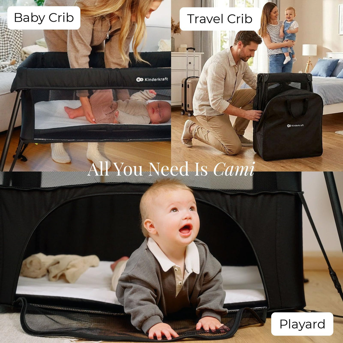 Kinderkraft Cami 3 in 1 Convertible Travel Cot Black