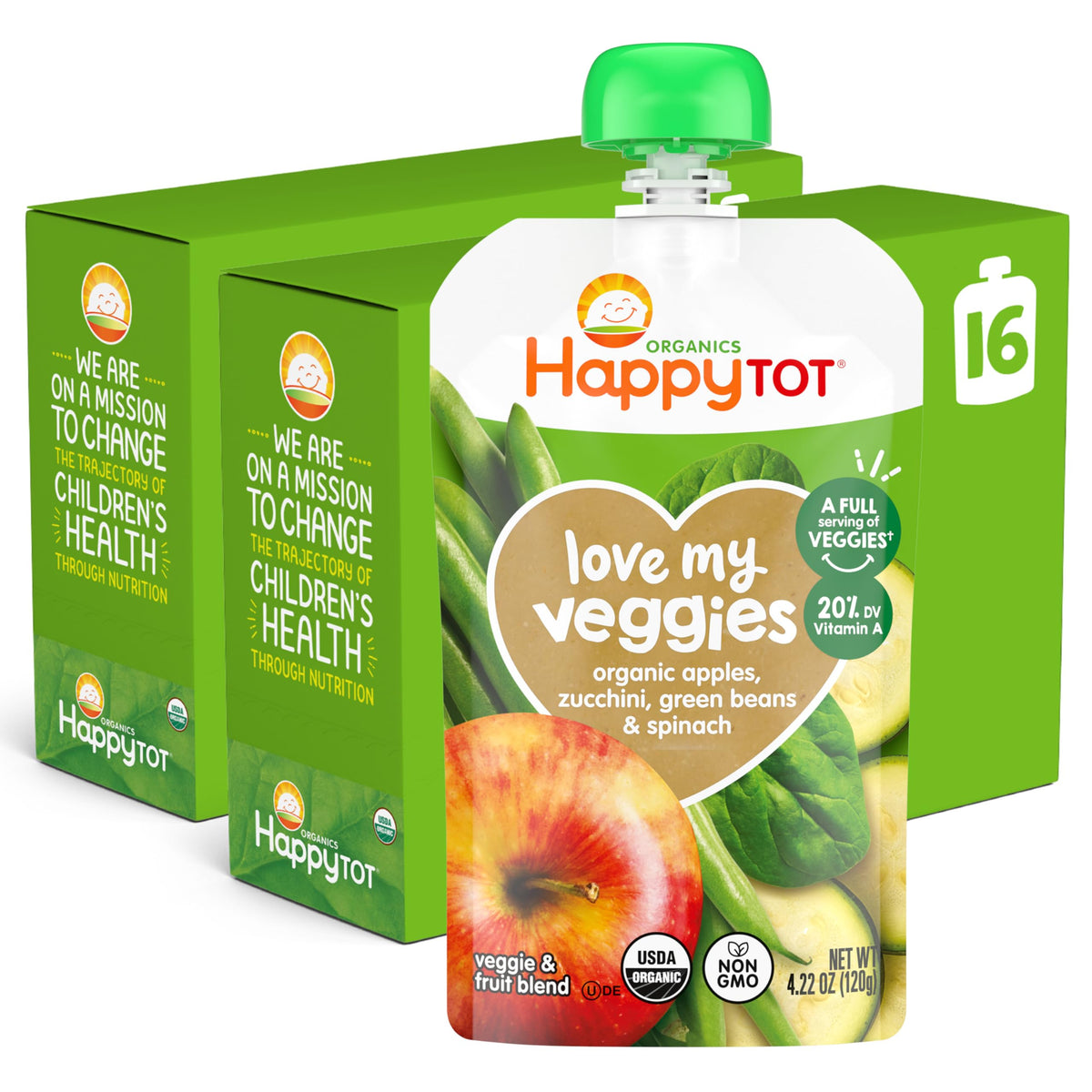 Happy Tot Organics Stage 4 Baby Food Pouches,Gluten Free, Vegan Snack, Love My Veggies, Fruit & Veggies Puree,Squash, Pumpkin & Bananas 4.22 oz Pouch (Pack of 16)