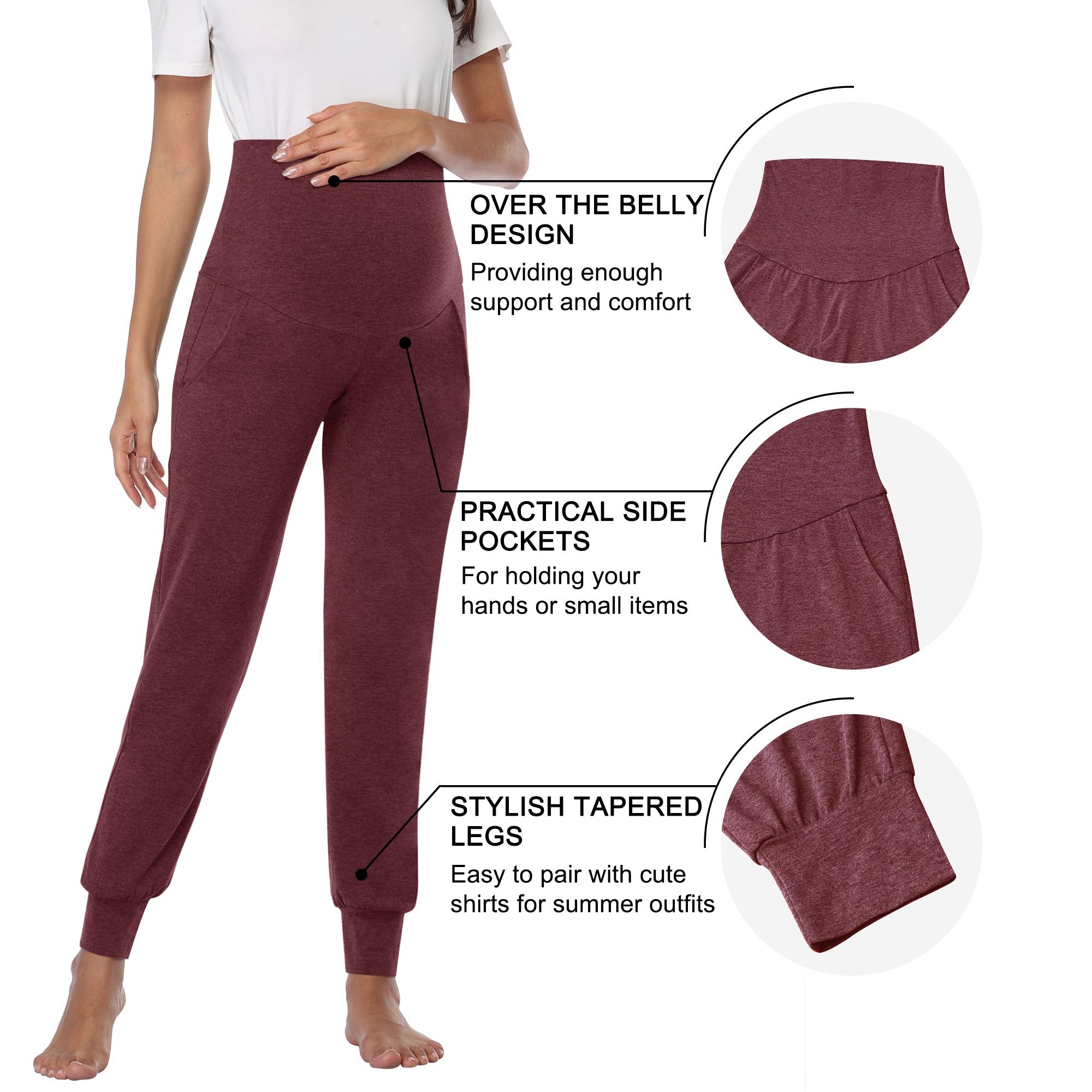 AMPOSH Women's Maternity Pants Stretchy Lounge Workout Sweatpants Casual Loose Comfy Pregnancy Joggers with Pockets(Heather Burgundy, XL)