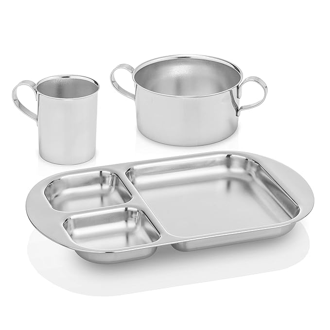 Children's Premium Stainless Steel Dinnerware Set | 1 Bowl with Handles, 1 Cup with Handle & 1 Divided Plate | Education Series | Ideal for Babies, Toddlers & Kids | by Kiddobloom