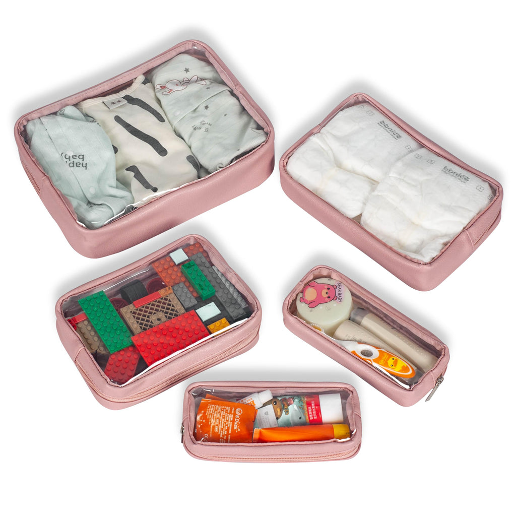 Remobia Hicol TSA Approved 5-Piece Diaper Bag Organizer Pouch Set Clear Waterproof TPU Kids Toiletry Storage Set Travel Packing Clutch Cube Bags for Baby Nursing (Light Pink Leather)