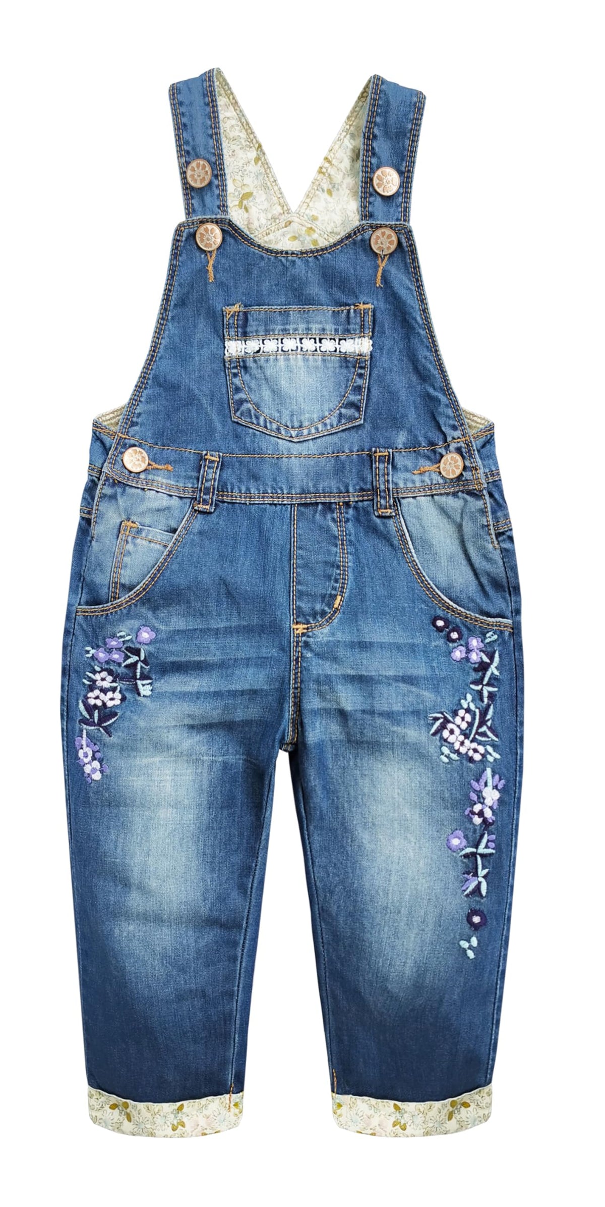 KIDSCOOL Baby Denim Overalls Toddler Kids Embroidered Washed Jean Romper