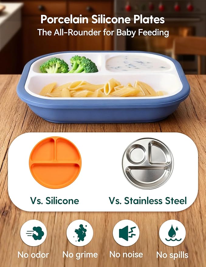 BABELIO 8'' Toddler Porcelain Plates with Silicone Suction Sleeves, Lead & BPA Free, Divided, Microwave & Dishwasher Safe, Stay Put, Suitable for Kids/Babies, 3 Pack