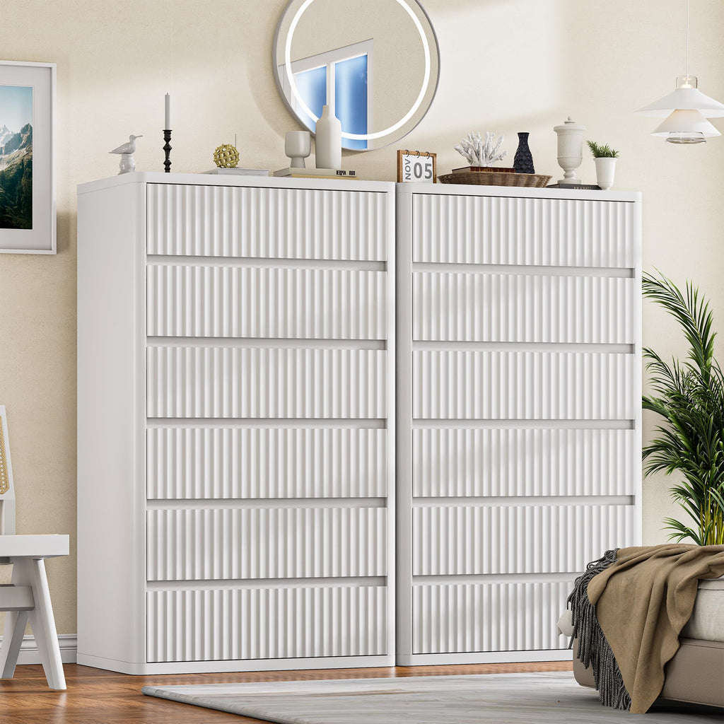Standifurno 56" Tall Dresser for Bedroom, White Fluted Dresser with 6 Deep Drawers, Modern Chest of Drawers with Curved Profile, Handleless, Wooden Drawer Organizer for Living Room, Hallway, Closet
