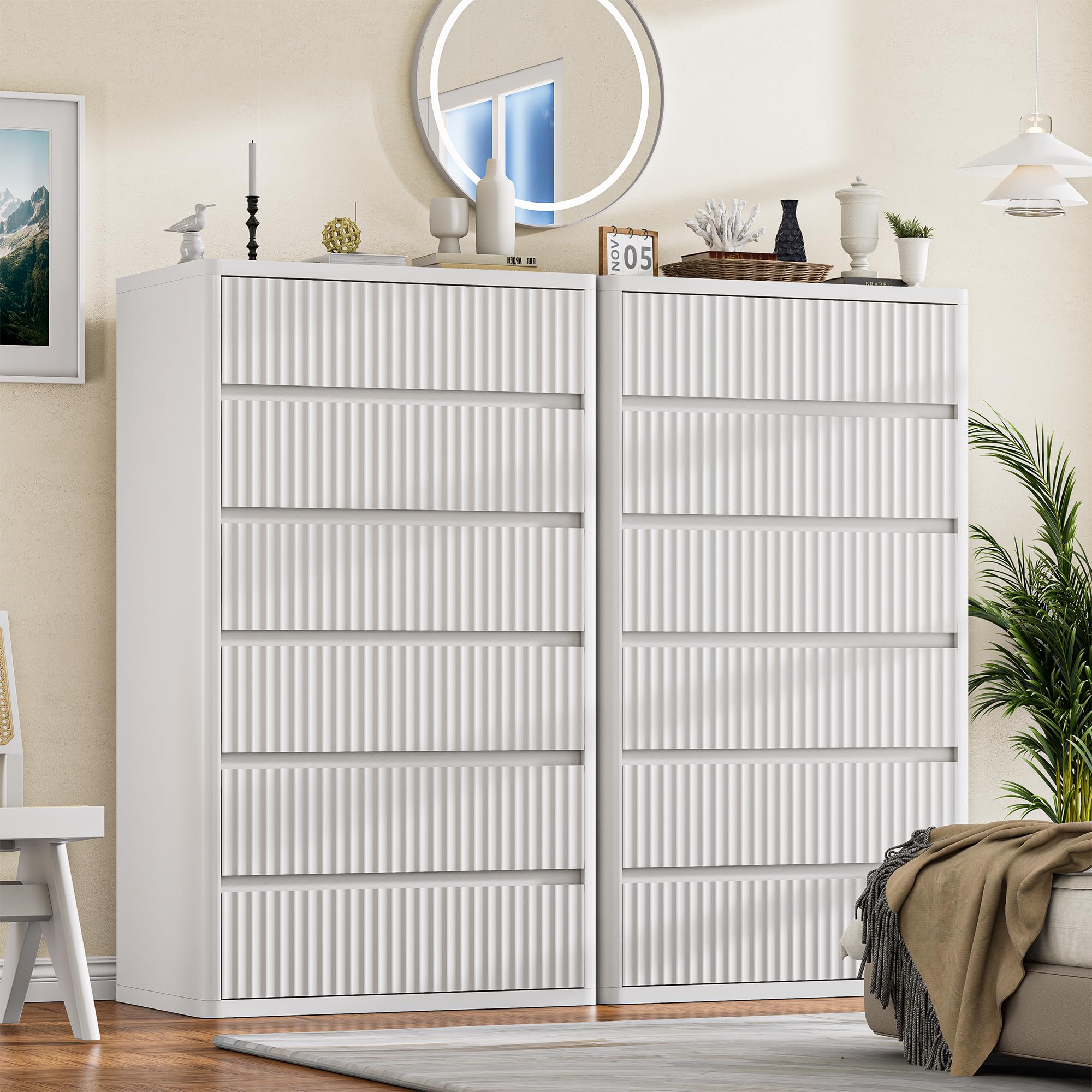 Standifurno 56" Tall Dresser for Bedroom, White Fluted Dresser with 6 Deep Drawers, Modern Chest of Drawers with Curved Profile, Handleless, Wooden Drawer Organizer for Living Room, Hallway, Closet