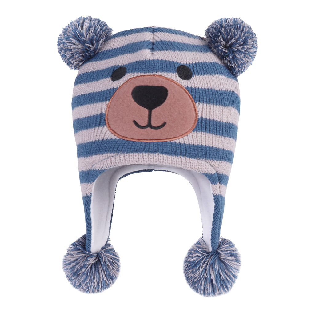 LANGZHEN Toddler Kids Infant Winter Hat,Earflap Knit Warm Cap Fleece Lined Beanie for Baby Boys Girls (Bear-Blue+Grey, 12-24 Months)
