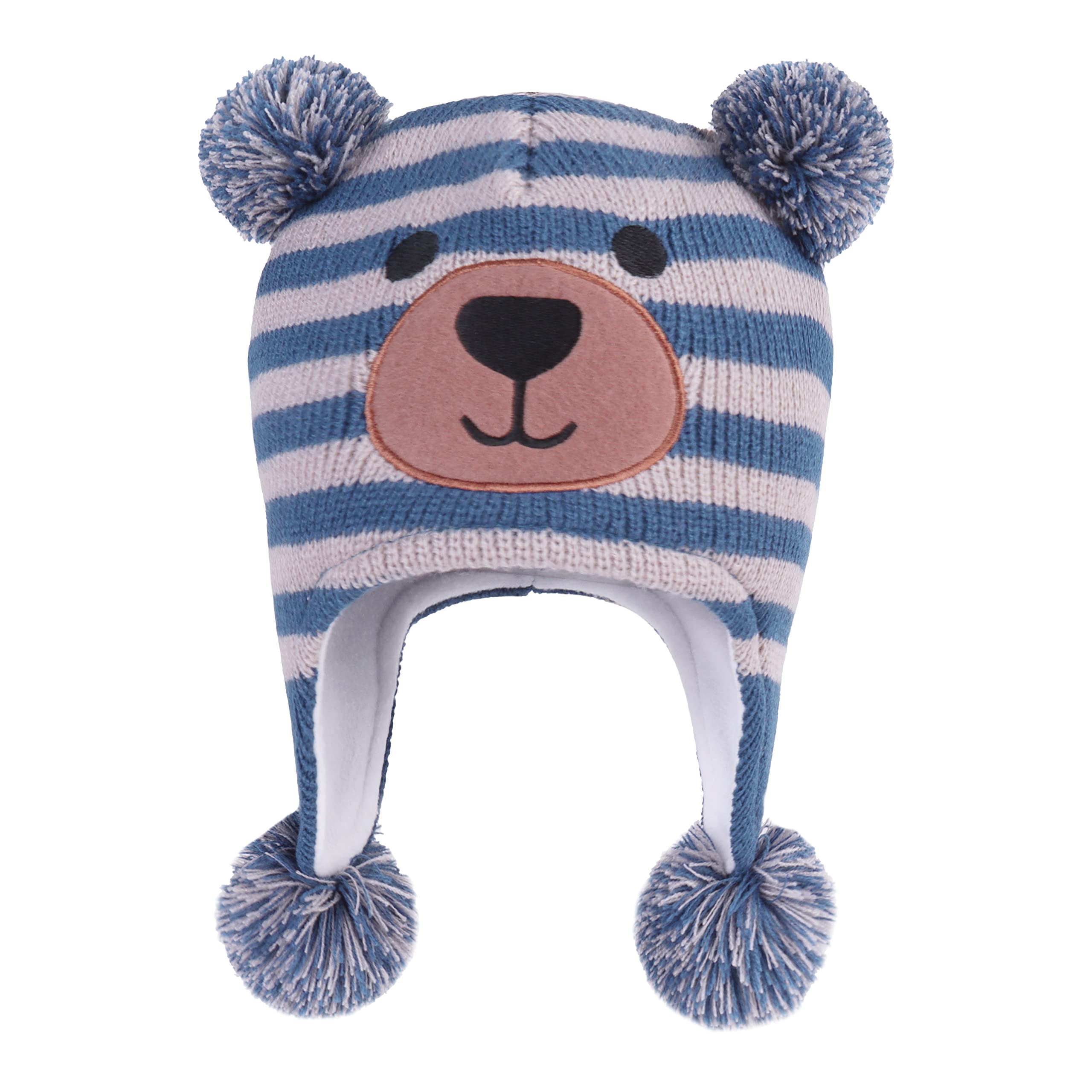 LANGZHEN Toddler Kids Infant Winter Hat,Earflap Knit Warm Cap Fleece Lined Beanie for Baby Boys Girls (Bear-Blue+Grey, 12-24 Months)