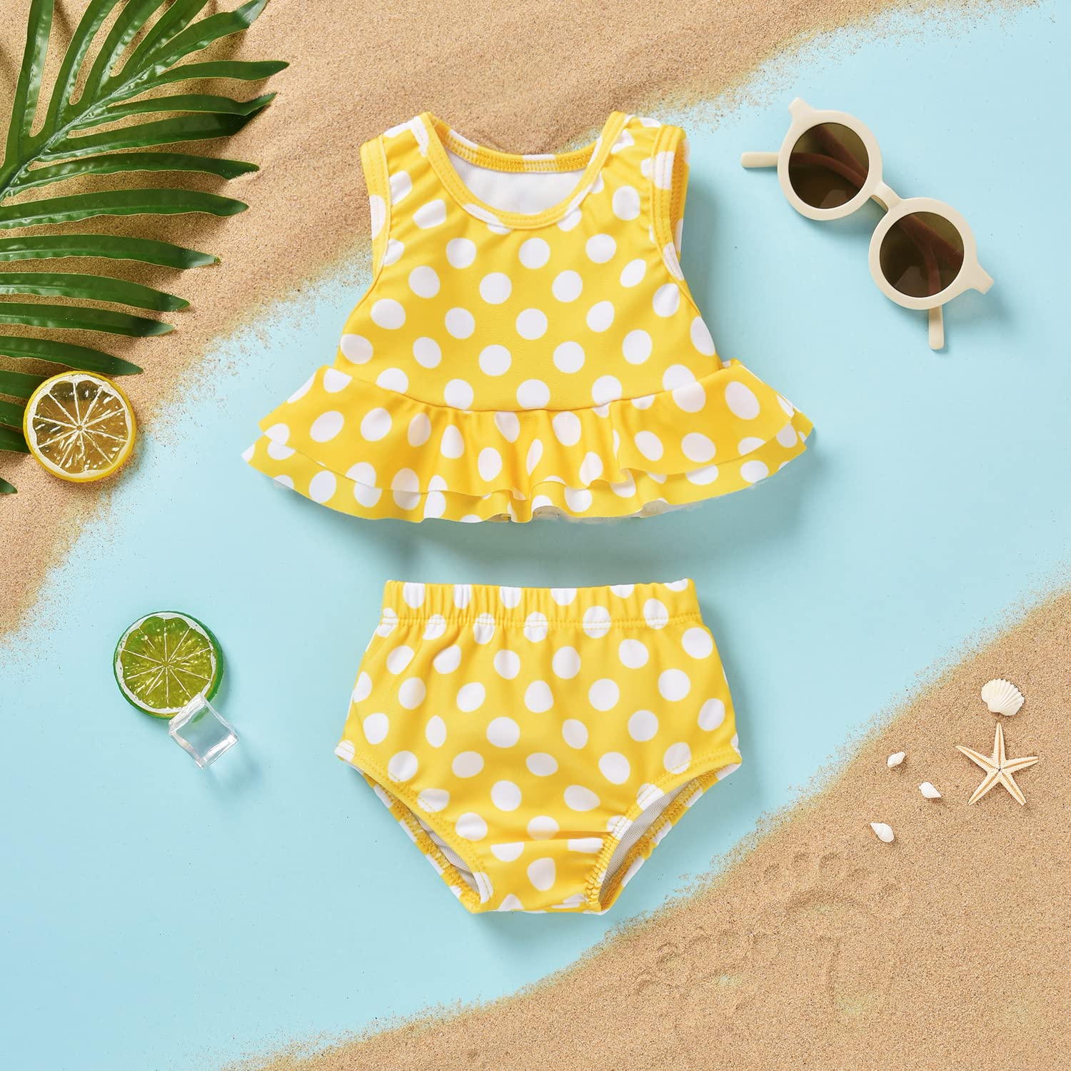 Aalizzwell 12-24 Months Toddler Baby Girls Swimsuit Two Piece Polka Dot Ruffle Bathing Suit Bikini Tops Bottoms Swimming Suit Swimwear Beach Wear Yellow 18 Months