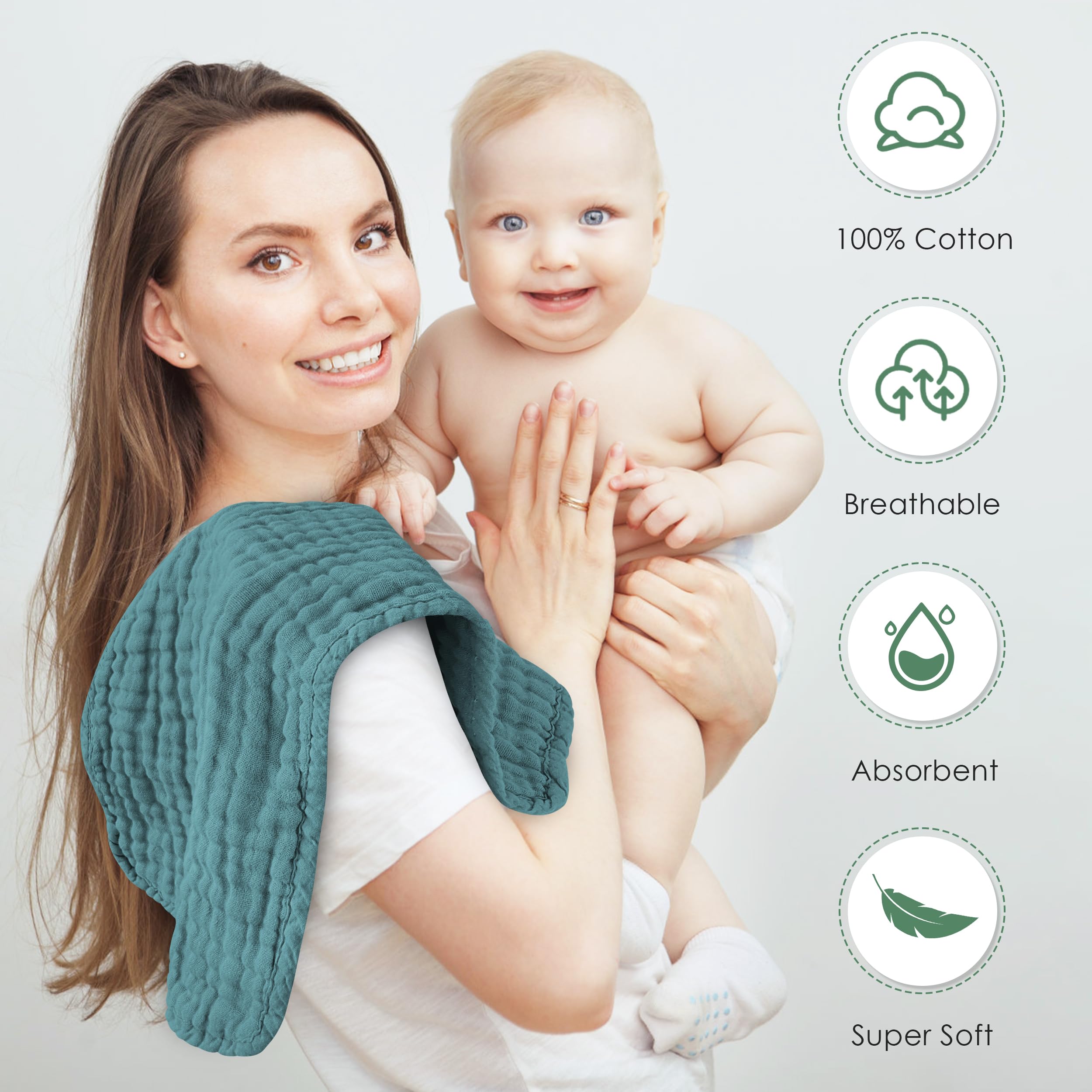 Spotted Play Muslin Burp Cloths 100% Cotton Large 20''x10'' Extra Soft and Absorbent Baby Wash Cloths Spit Up Rags - Baby Burping Cloth for Boys Girls Items(12 Pack Ivory, Slate and Emerald Series)