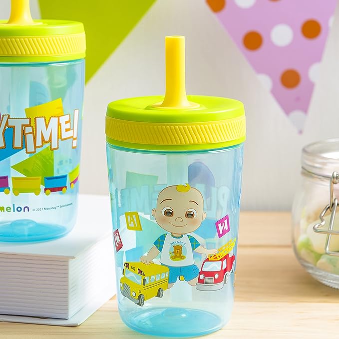 Zak Designs 15oz Cocomelon Kelso Tumbler Set, Leak-Proof Screw-On Lid with Straw Made of Durable Plastic and Silicone, Perfect Bundle for Kids