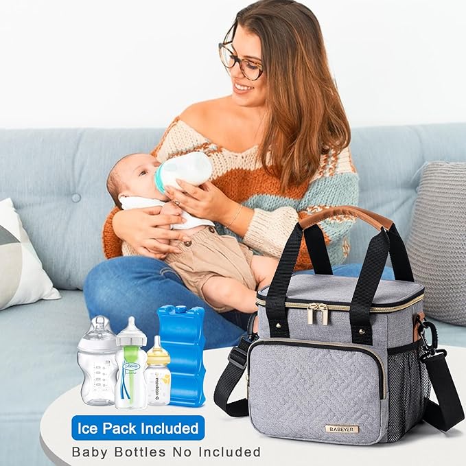 Breastmilk Cooler Bag with Ice Pack Fits 6 Baby Bottles up to 9 Ounce, Breast Milk Pump Cooler Bag for Nursing Mom Daycare, Work, Travel-Light Grey
