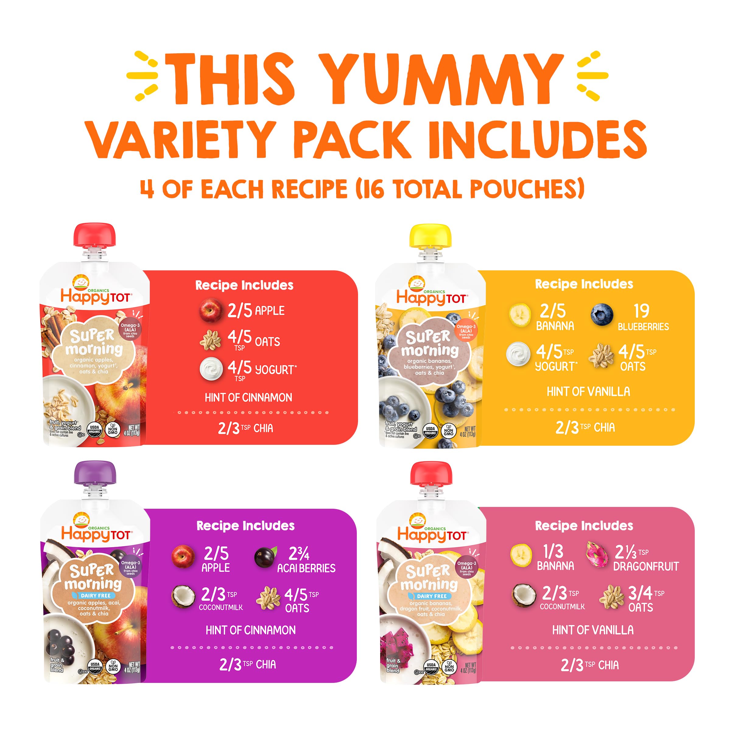 Happy Tot Organics Stage 4 Baby Food Pouches, Gluten Free, Super Morning Fruit & Oat Variety Pack Blend 4 Oz (Pack of 16), Amazon Exclusive