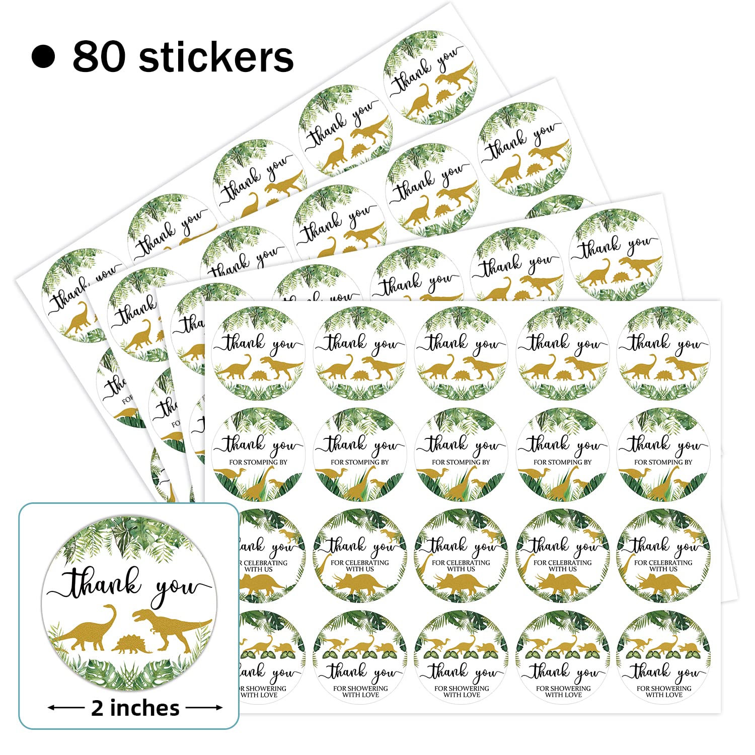 80 Pieces Cute Dinosaur Thank You Stickers, Boy Baby Shower Birthday Party Decorate Watercolor Little Dino Themed Round Party Gift Wrap Bag Label Decorations, 4 Design Stickers
