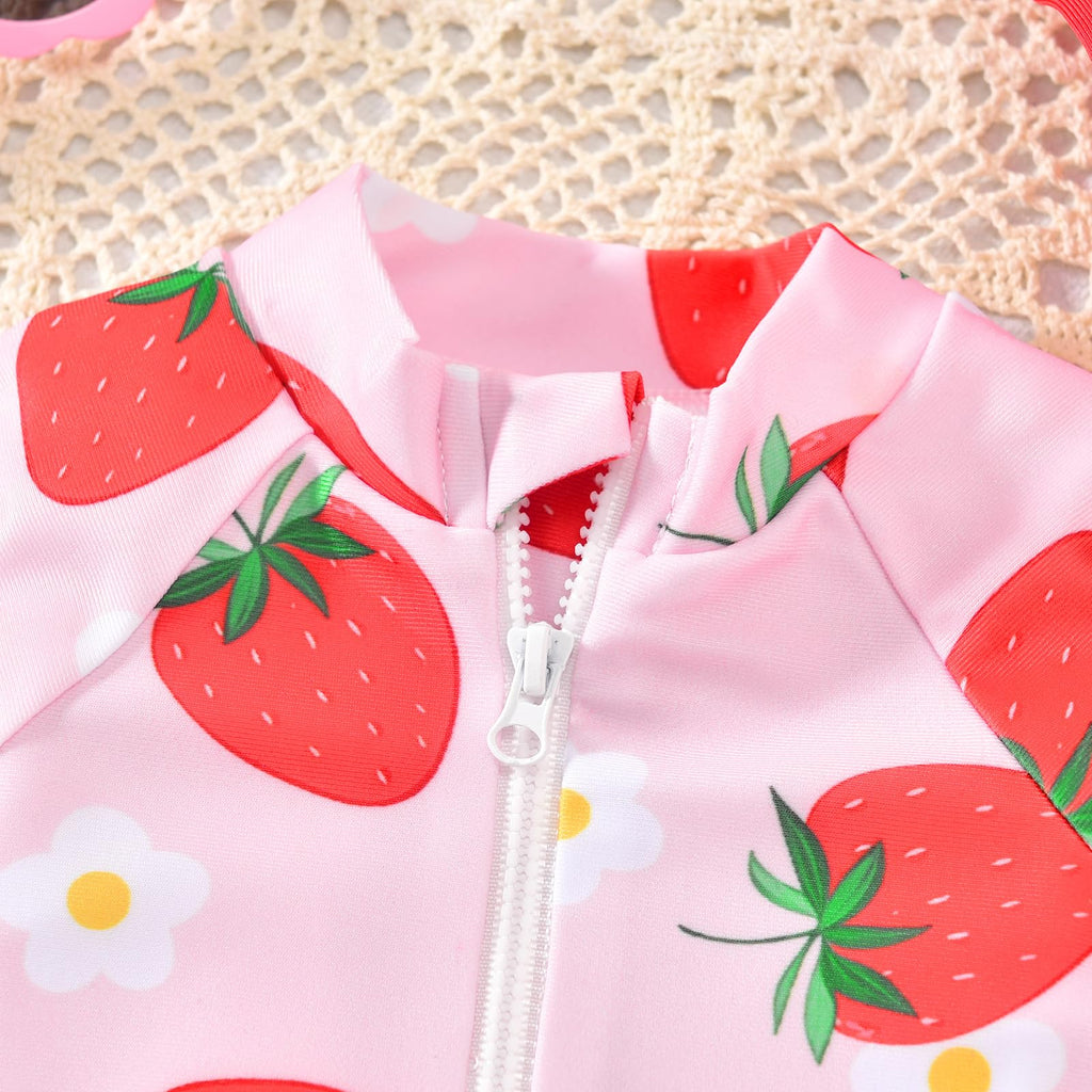 Aalizzwell Newborn Infant Baby Girls One Piece Long Sleeve Swimsuit Strawberry Bathing Suit Zip Up Swimwear Beach Wear 0-3 Months Fruit