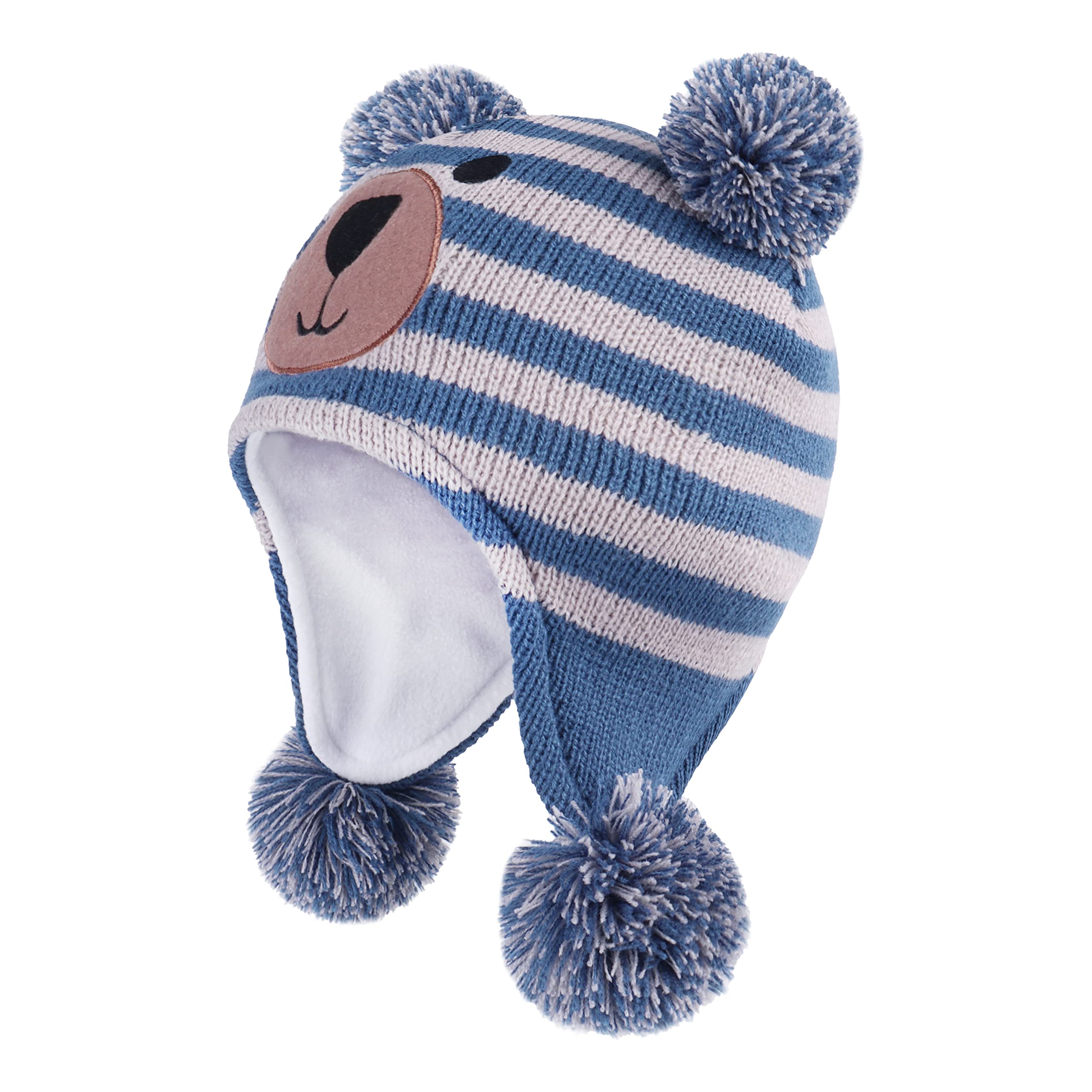 LANGZHEN Toddler Kids Infant Winter Hat,Earflap Knit Warm Cap Fleece Lined Beanie for Baby Boys Girls (Bear-Blue+Grey, 12-24 Months)