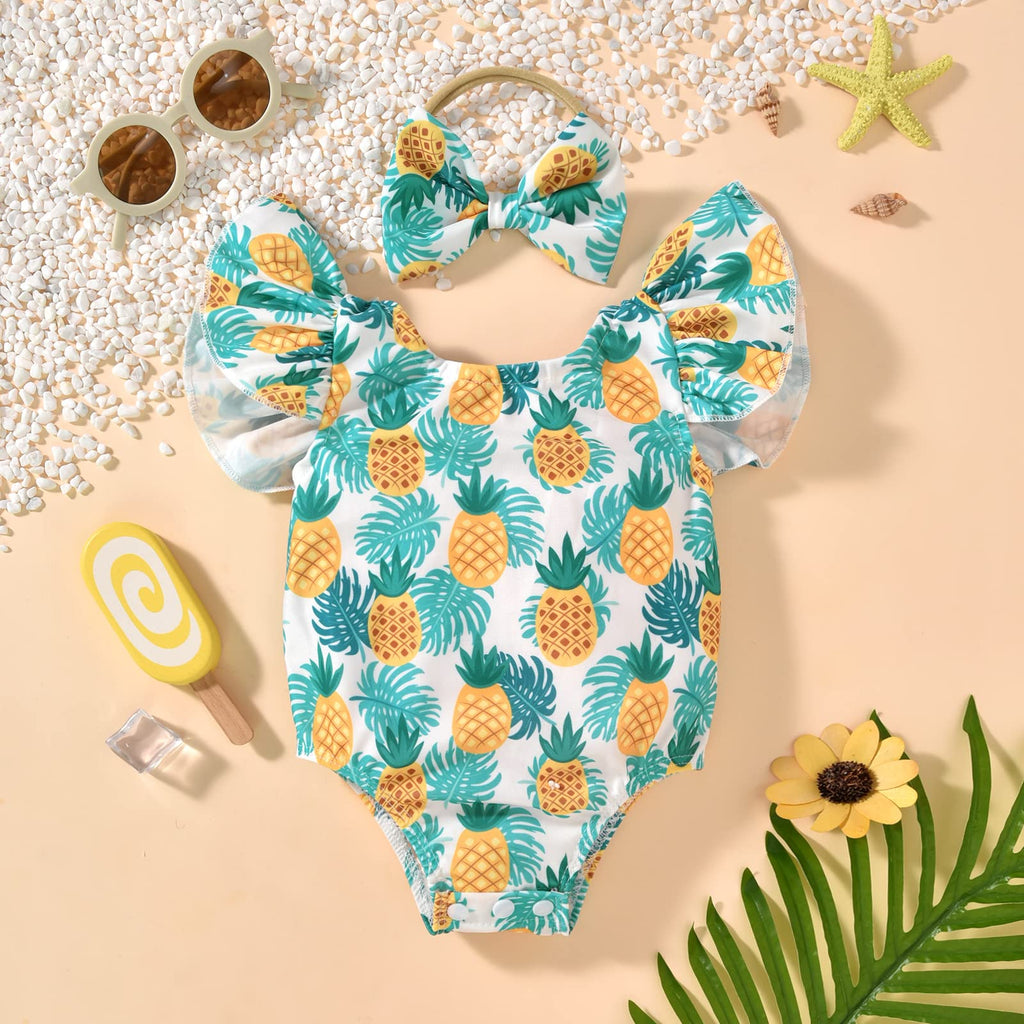 HIHA Baby Swimsuit Girl Infant Bathing Suit Ruffle Summer One Piece Swimwear Sunsuit Pineapple Cartoon Pattern 6-12 Months