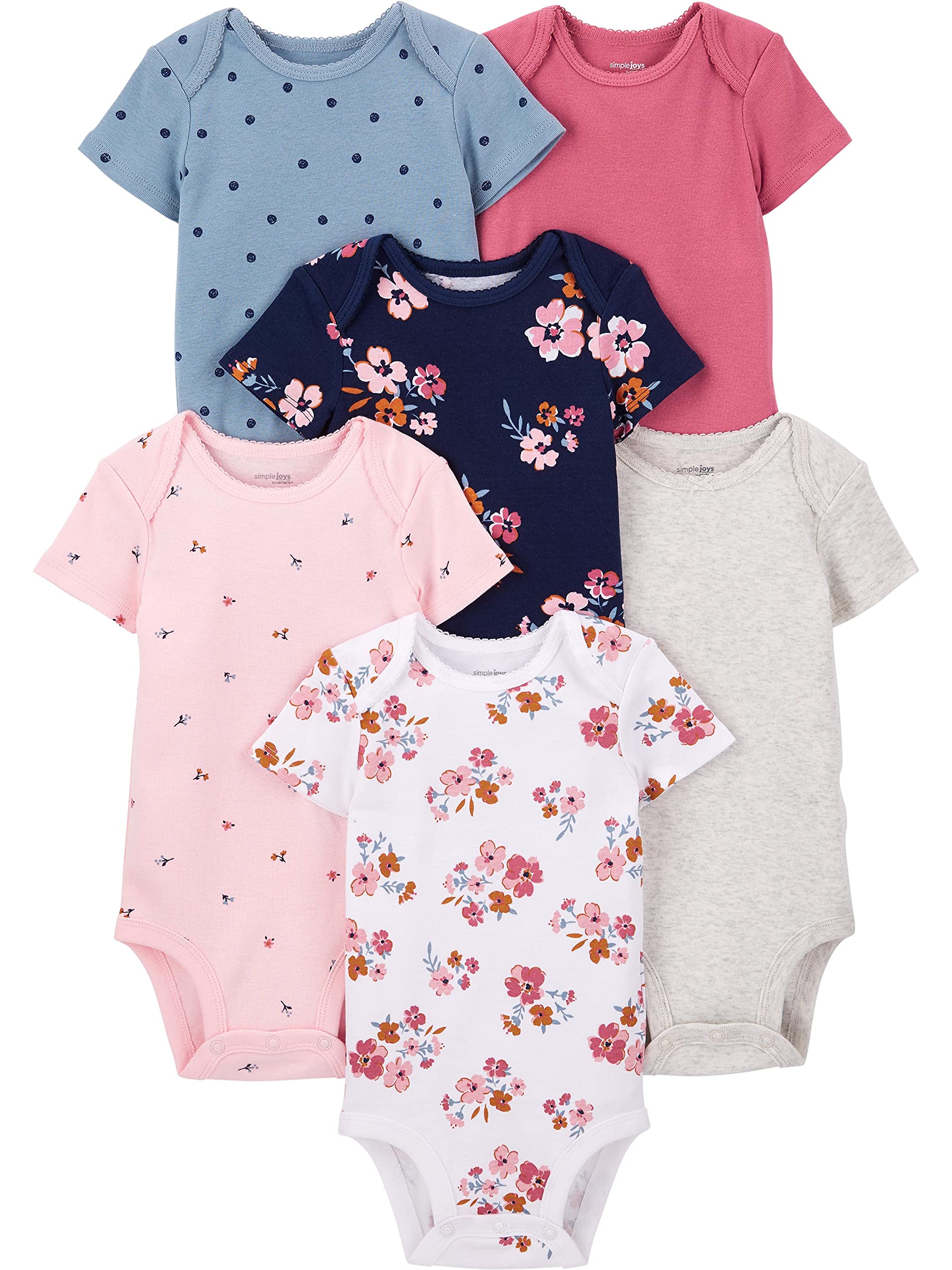 Simple Joys by Carter's Baby Girls' Short-Sleeve Bodysuit, Pack of 6, Multicolor/Ditsy Floral/Floral/Polka Dot/Tropical, 12 Months