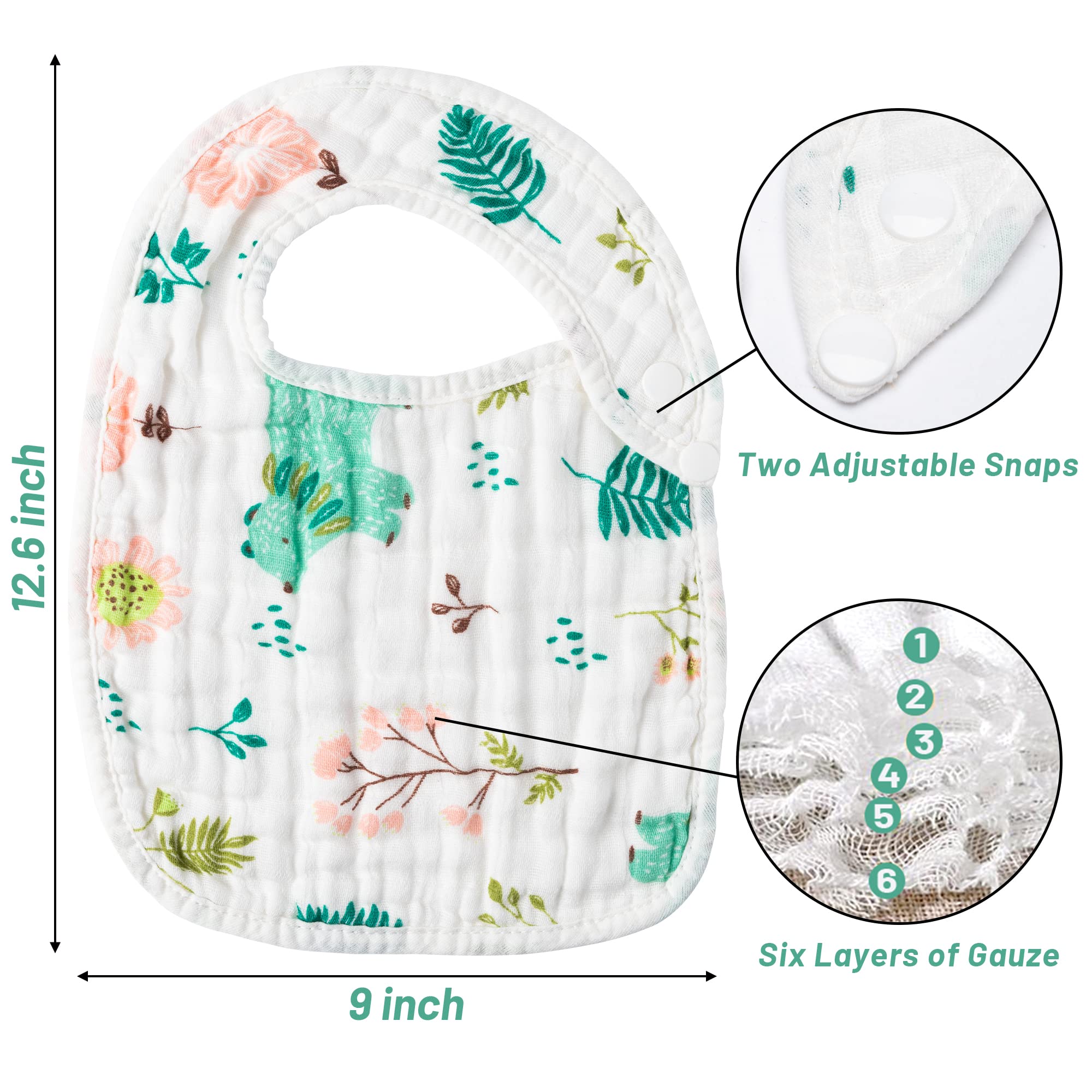 Zainpe 6Pcs Snap Muslin Cotton Bibs for Baby Rainbow Unicorn Flamingo Machine Washable Burp Cloths with 6 Absorbent Soft Layers for Girl&Boy Infant Newborn Toddler Feeding Drooling Teething