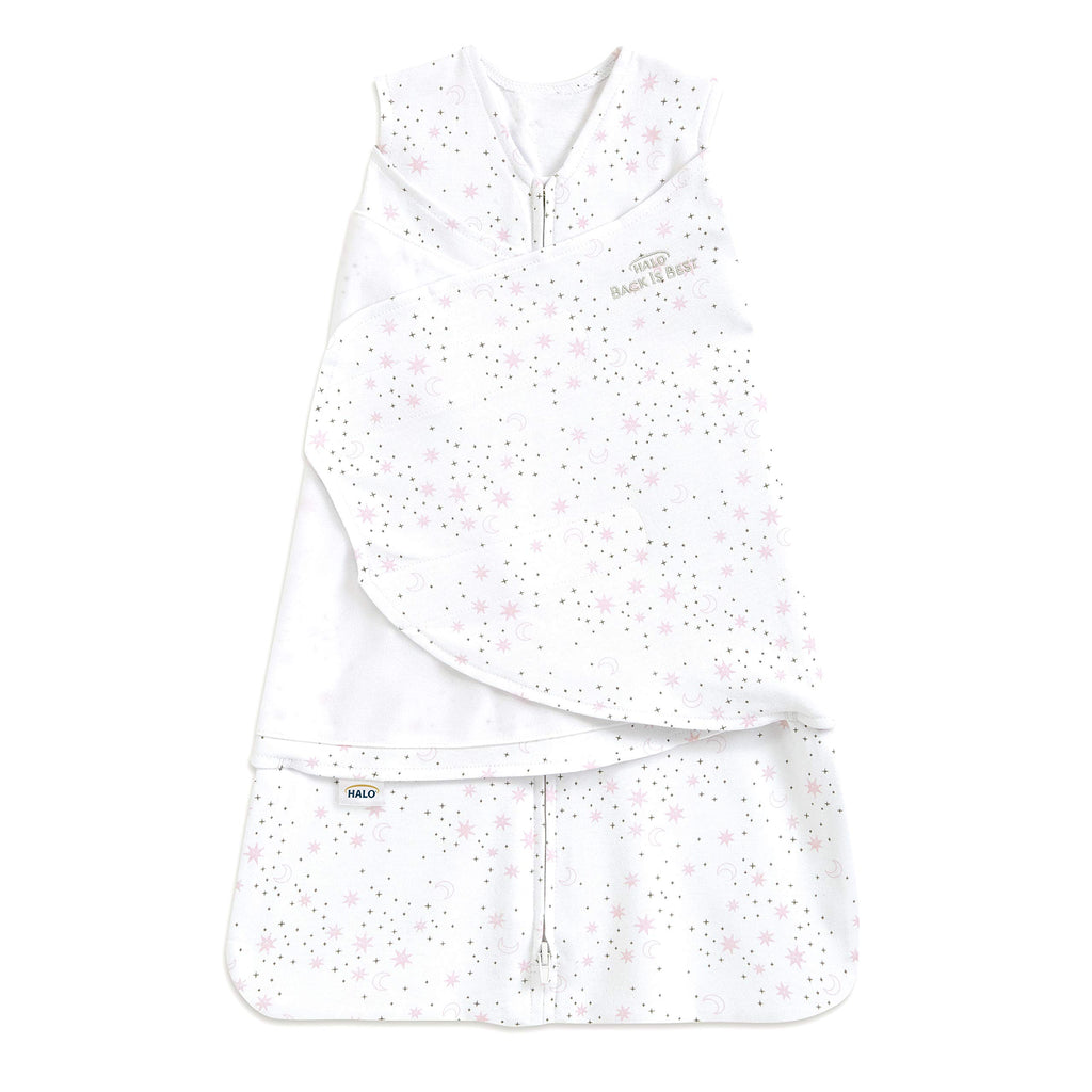 HALO 100% Cotton Sleepsack Swaddle, 3-Way Adjustable Wearable Blanket, TOG 1.5, Midnight Moons Pink, Newborn, 0-3 Months