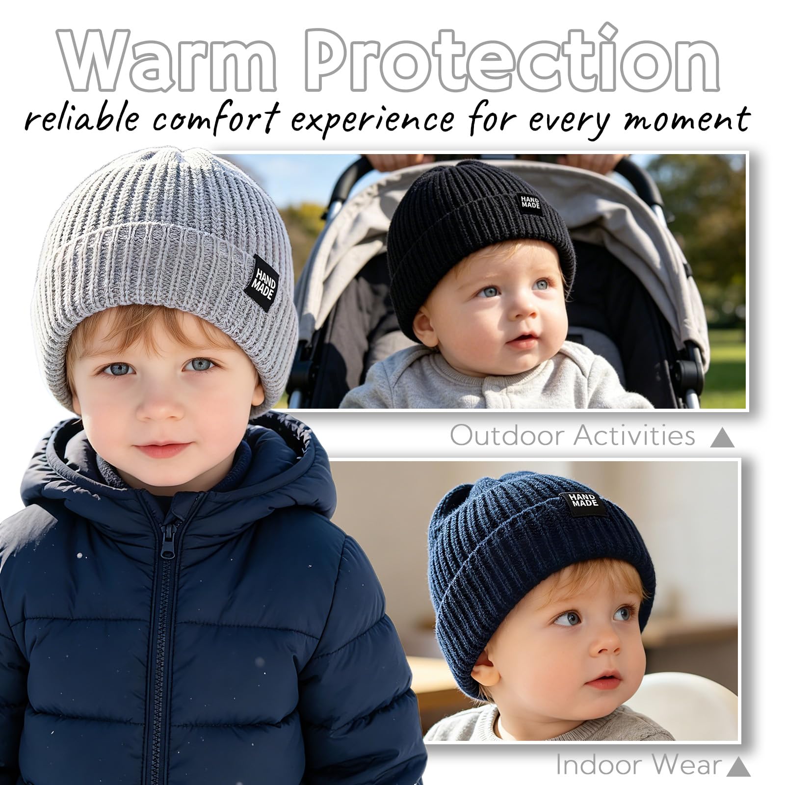 JANGANNSA Simple Knitted Baby Beanie Hip-Hop Boys Winter Hat Toddler Kids Bonnet for Girls 0-5Y (Black+Light Gray+Navy, M)