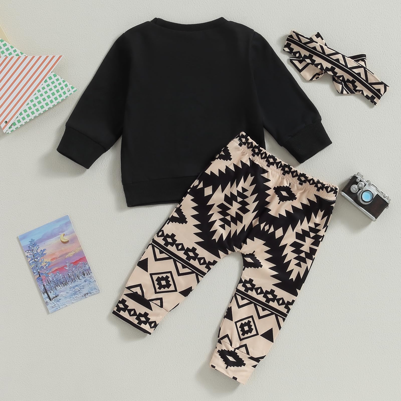 CIYCUIT 3Pcs Baby Girl Western Outfits Cowgirl Sweatshirt + Pants + Headband 0 6 12 18 24 Months Boho Clothes 6-12 Months