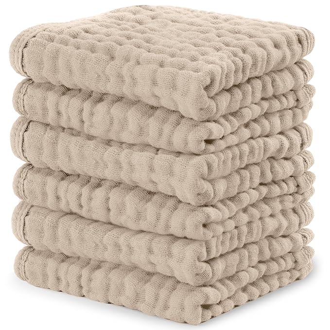 Comfy Cubs Muslin Baby Washcloths 6 Pack - Soft 6-Layer Cotton Wash Cloths for Sensitive Skin - 10"x10" Large, Gentle, Absorbent Infant Essentials for Newborn and Toddlers - Sand