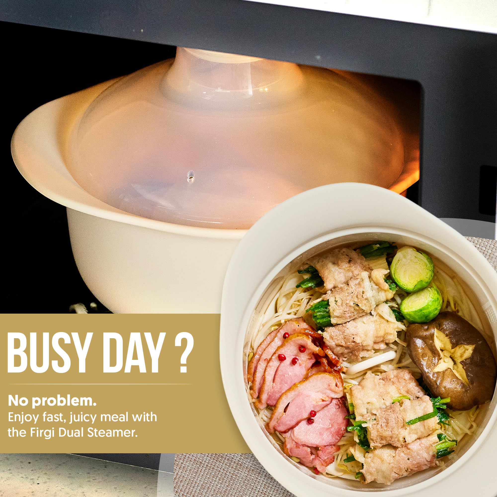 FIRGI 48oz Platinum Silicone 3 Compartmented Microwave Steamer Pot with Handle & Lid - Korean 100% Food-Grade Steamer Bowl, Heat-Resistant Cooker with Steam Holes, Easy Clean, Dishwasher Safe, Ivory