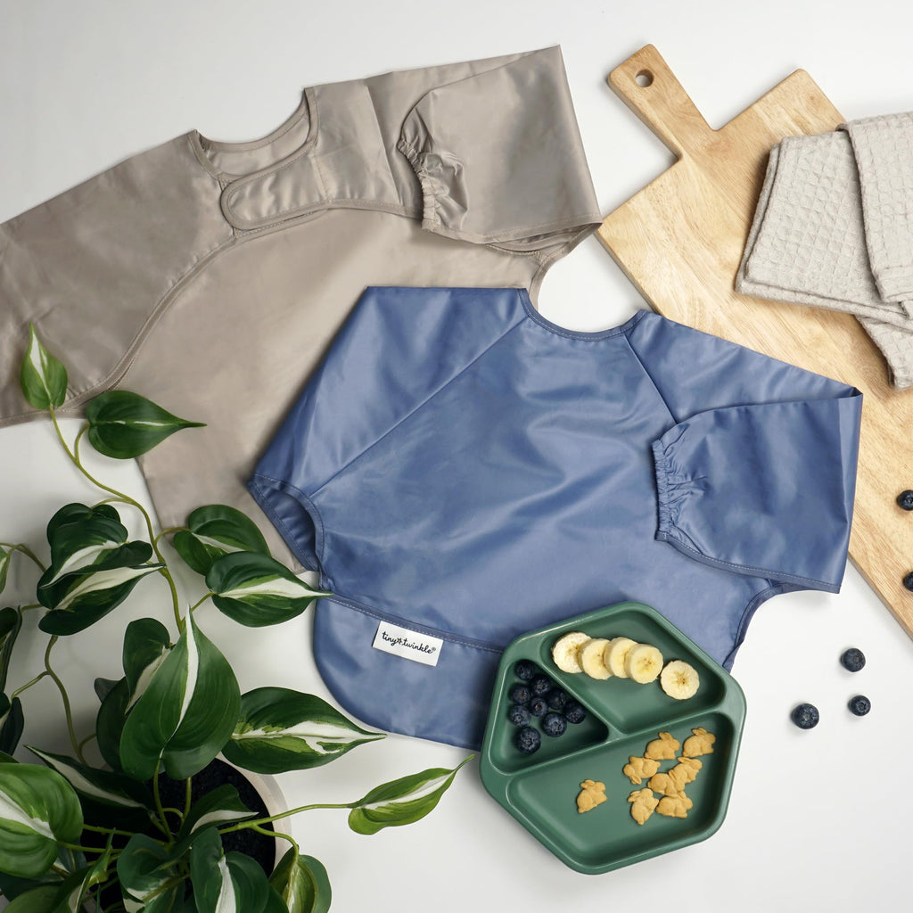 Tiny Twinkle Long Sleeve Bib for Babies & Toddlers | 2-Pack Waterproof Smock Bib for Eating | Machine Washable & Mess-Proof Feeding Essentials | Newborn Shower Gift (Periwinkle Putty,6–24M)