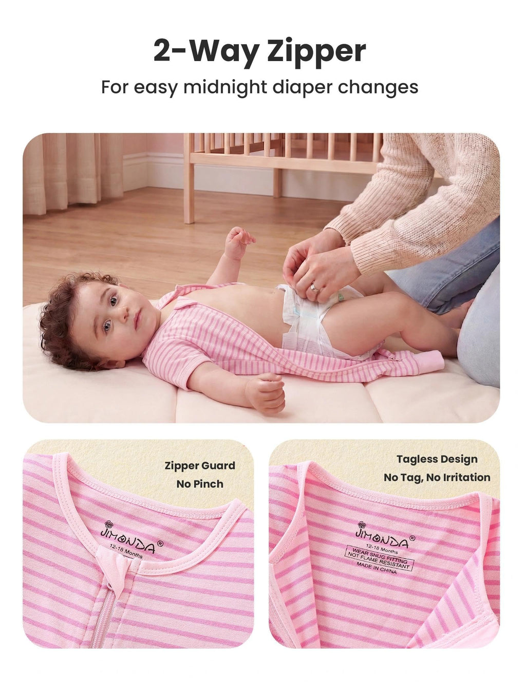 Jimonda Short Baby Footless Pajamas 2-Way Zipper Sleeper 0-24Months(Pink,12-18M)