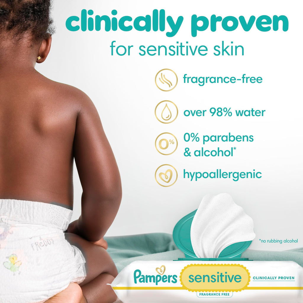 Pampers Sensitive Baby Wipes, Clinically Proven, Fragrance Free, Unscented, Water Based, Hypoallergenic Baby Wipes, Multi-Use Wipe, Hand Wipe 672 Total (12X Flip-Top Packs)