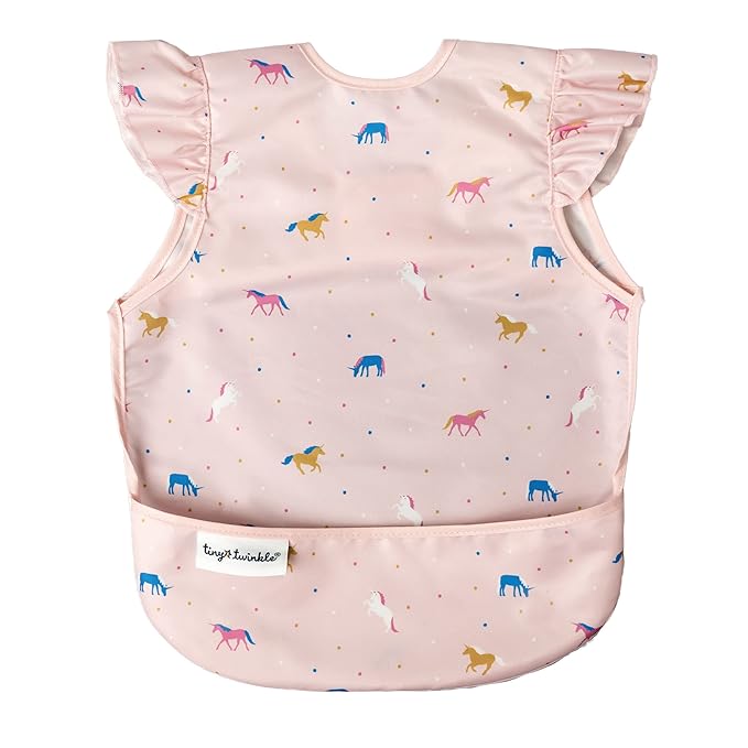 Tiny Twinkle Short Sleeve Apron Baby & Toddler Bib for Girls – Waterproof, Mess-Proof Bibs for Eating & Feeding, Machine Washable,Perfect Holiday Gift (Unicorn Confetti, 6–24M)